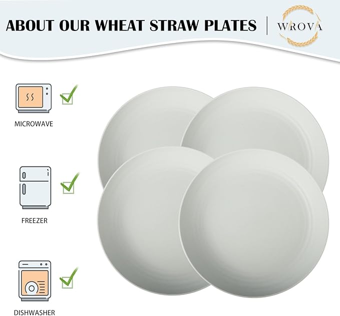 Wheat Straw Plates - 9 Inch Unbreakable Dinner Plates Set of 8 - Dishwasher & Microwave Safe Plastic Plates Reusable for kitchen and camping (light grey)