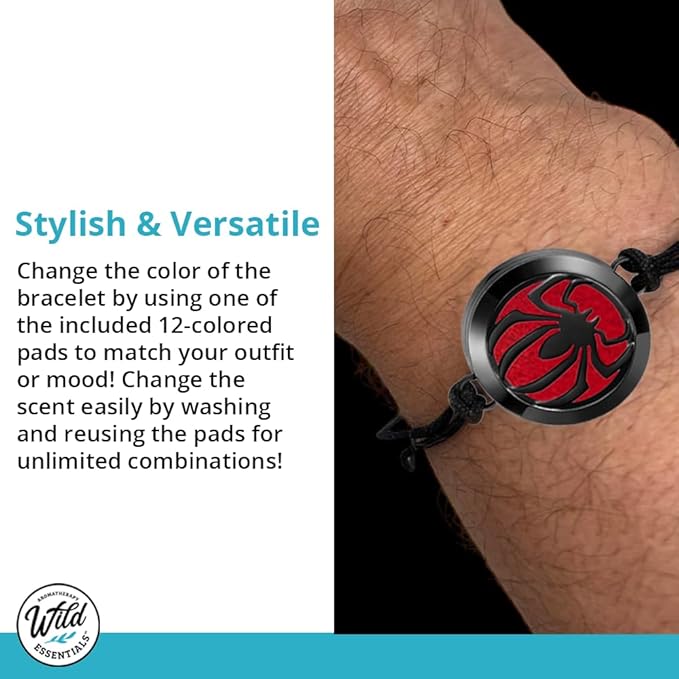 Wild Essentials Spider Essential Oil Bracelet Diffuser Gift Set, Pendant, Nylon Band, 12 Pads, Lavender, Lemongrass, Orange, Peppermint Oils, Customize Color Changing Perfume Jewelry, Aromatherapy