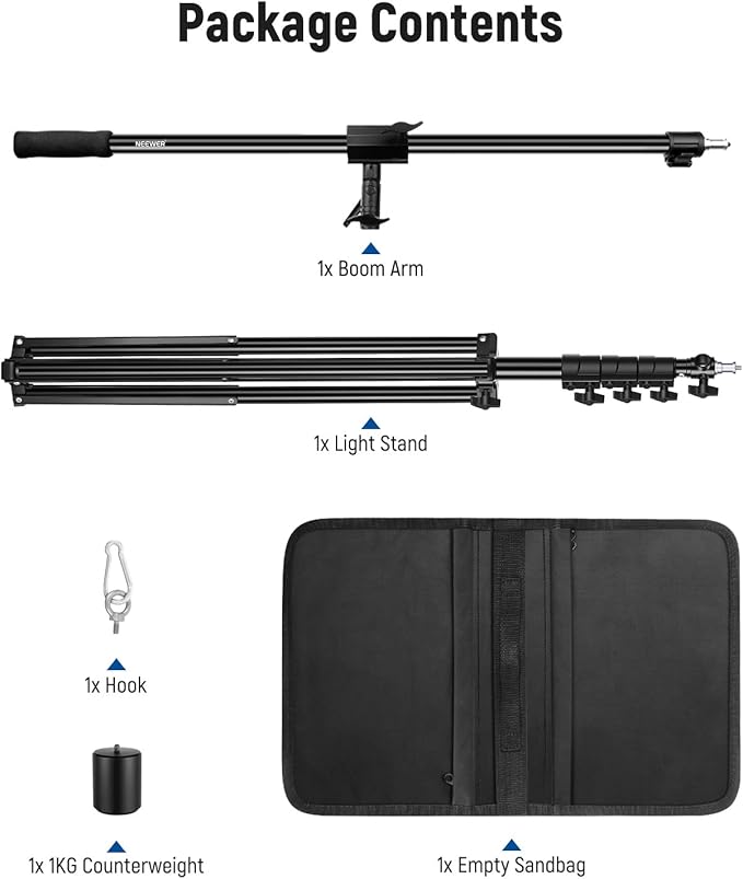 NEEWER Air Cushioned Aluminum Light Stand, 9.8ft/3m Adjustable Photography Stand with Boom Arm, Counterweight, Sandbag, 1/4" Screw for Softbox, Studio Flash, Umbrella, Ring Light, Max Load 5kg