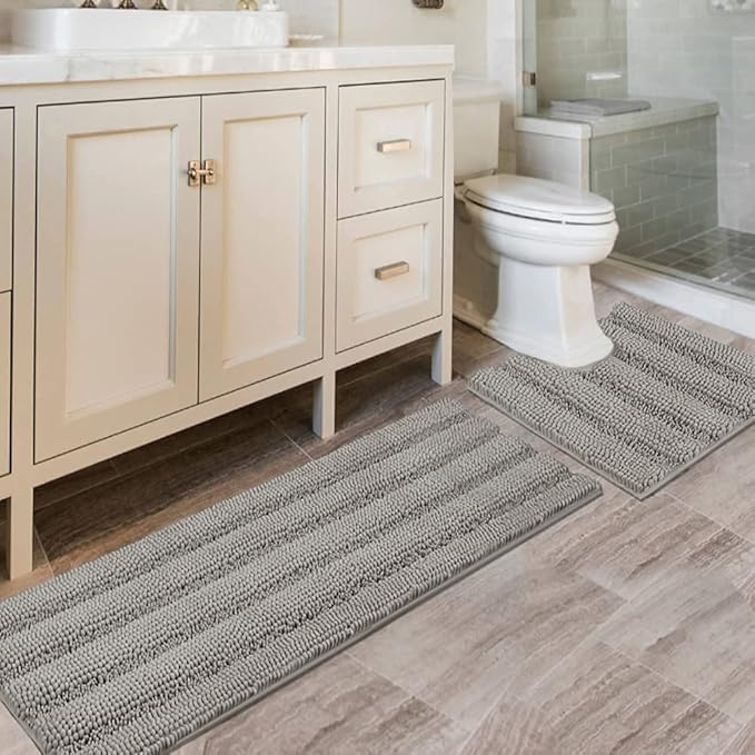 H.VERSAILTEX Bathroom Rugs Bath Rug Set 2 Piece Bathroom Contour Rug Toilet Mat Sets Non Slip Contour Bath Rug Ultra Thick Water Absorbent Striped Bath Mats Washable(47" x 17" Plus 20" x 20" U, Dove)
