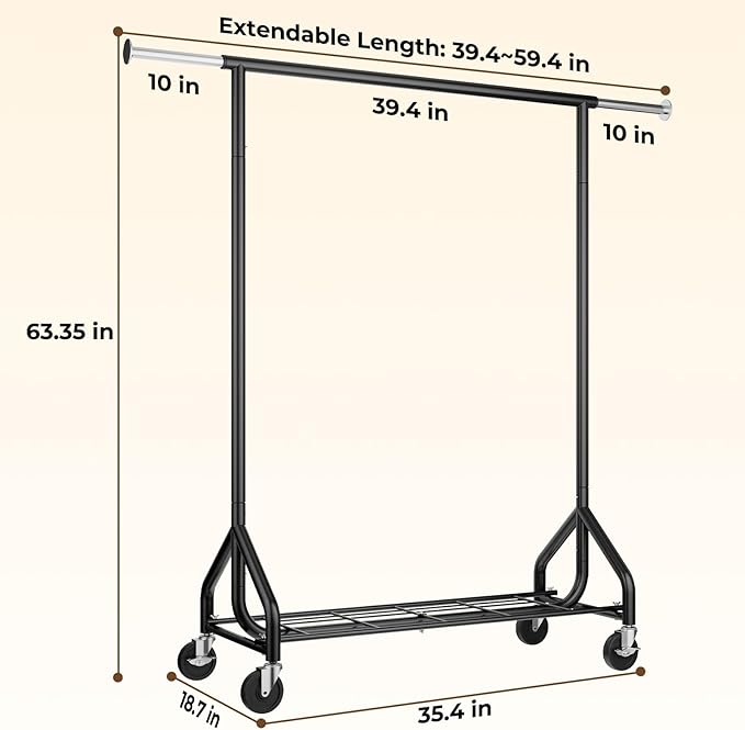 Heavy-Duty 450LBS Capacity Metal Clothes Rack，Rolling Clothing Rack with Wheels & Shelves, Portable Standing Wardrobe Rack for Hanging Clothes, Black