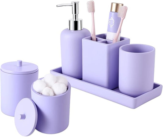 Resin 6 Pcs Purple Bathroom Set Complete with Toothbrush Holder, Lotion Soap Dispenser, 2 Qtip Holder Dispensers,Vanity Tray,Bathroom Tumbler - Countertop Vanity Organizer - Bathroom Accessories