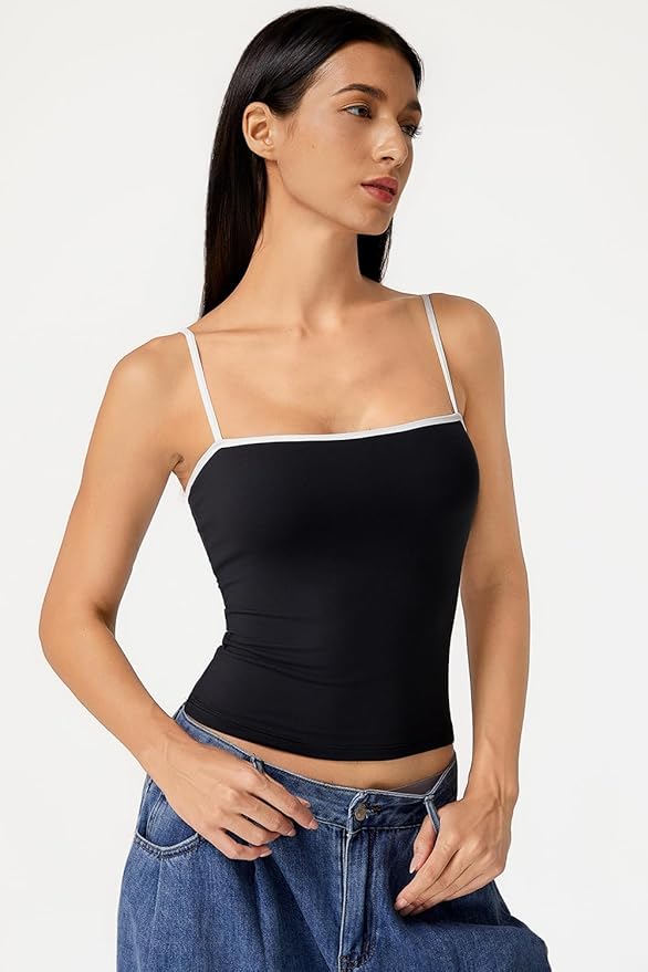 QINSEN Women's Double Lined Basic Tank Top Adjustable Spaghetti Straps Sleeveless Camisole Shirts