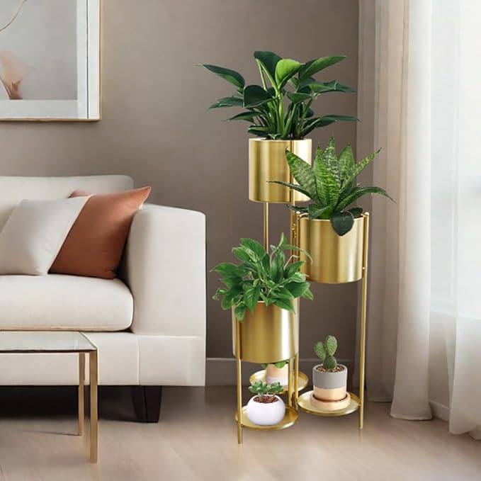 TRIROCKS Metal Plant Stand 6 Tier 6 Potted Indoor Flower Pot Stand Holder Shelf Outdoor Foldable Decorative Storage Shelf Rack for Multiple Potted Plants Patio Garden Living Room Corner(Gold)