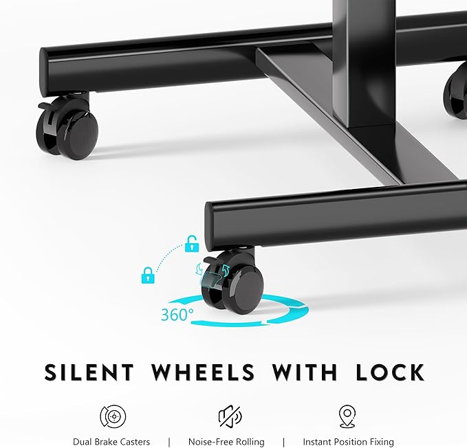 BONTEC Mobile Standing Desk Adjustable Height, Rolling Laptop Cart with Hook, Portable Workstation with Pneumatic Lift, Ergonomic Table with Wheels, Compact Home Office Desk, Black, 25.6" x 18.9"