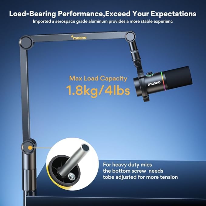 MAONO Microphone Boom Arm, Heavy Duty Low Profile Mic Arm with Cable Management Channels, Desk Mount Clamp, Fully Adjustable Mic Stand for Podcast Studio Streaming (Heavy Duty Mic Arm)
