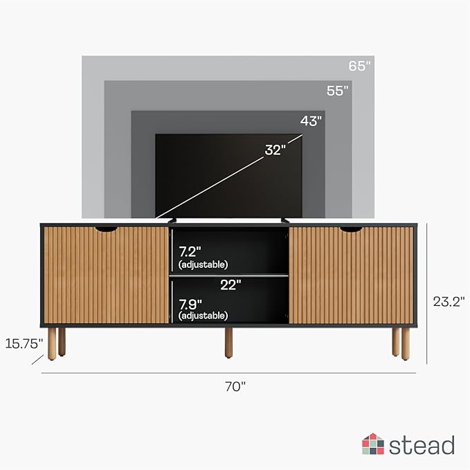 Modern Fluted TV Stand & Media Console - 70-Inch, Fluted Black & Oak - Entertainment Center for 32-80-Inch Screens with Soft-Close Doors & Cord Management
