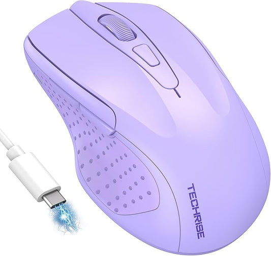 TechRise Bluetooth Mouse (BT5.0/3.0 & 2.4G) Rechargeable Wireless Mouse, 4800 DPI Optical Tracking, 6 Adjustable DPI, 2.4GHz with USB A Receiver, Quiet Clicks, Ergonomic Grips, 6 Buttons - Lavender