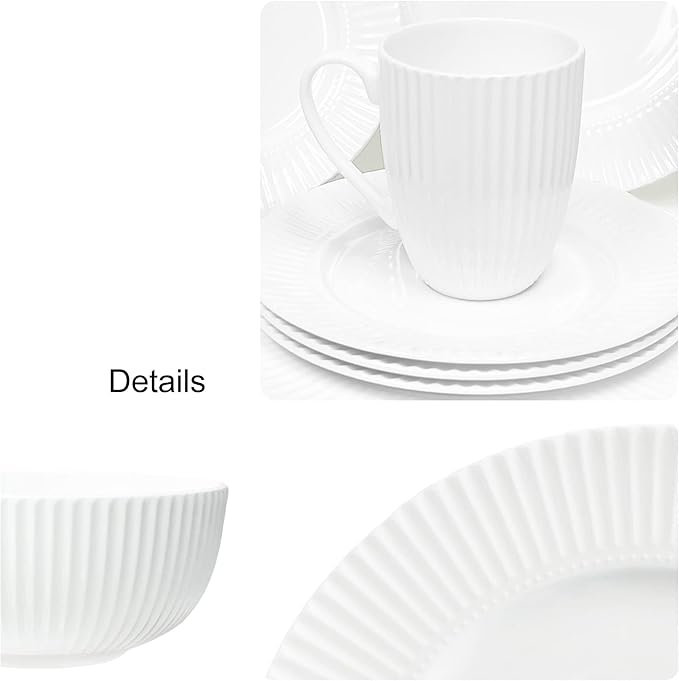 Dinnerware, 16 Piece Set Bone China, Service for 4, White Embossed stripe Dishes, Microwave Safe, Chip Resistant, Dishware, For Formal Casual and Everyday Living, Plates and Bowls Set
