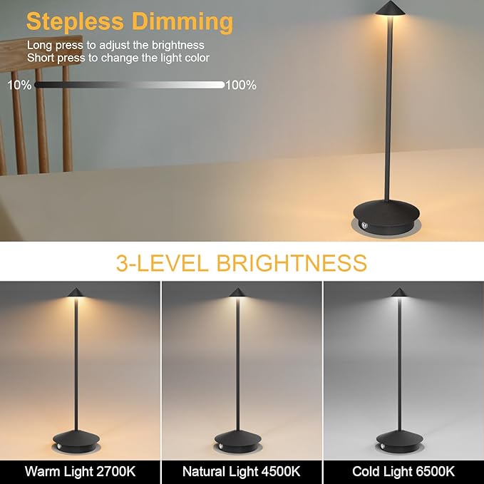 2-Pack 6000mAh Rechargeable Led Table Lamp Cordless,3000K-6000K Stepless Dimming Touch Lamps with Memory Function,IP54 Waterproof Aluminum Table Light for Outdoor/Bars/Restaurant/Patio(Black)