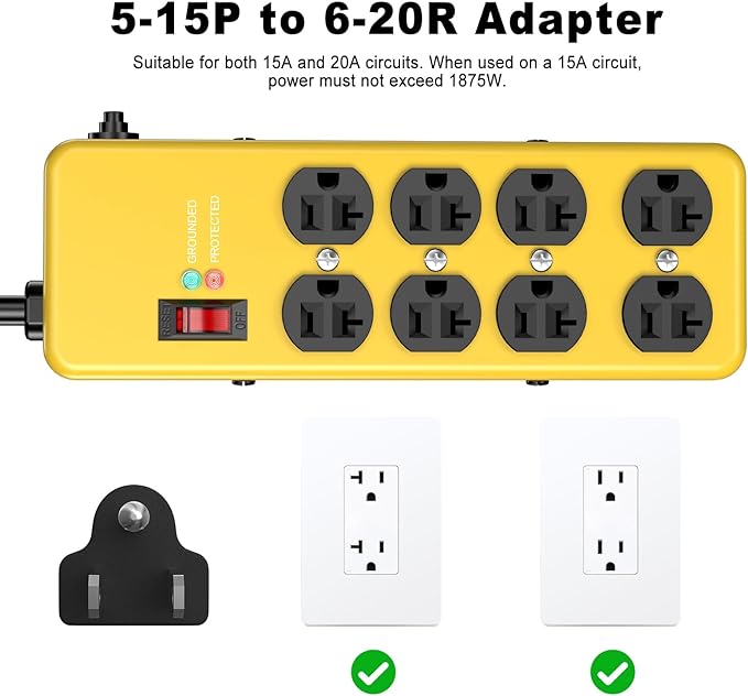 HEZI 20A Power Strip Surge Protector Durable Metal 8-Outlet with Heavy Duty 20 Amp Extension Cord,12 Gauge for Garage,Workshop & Industrial Use with 6-20R T-Slot Outlets,4800J(Yellow,6FT)