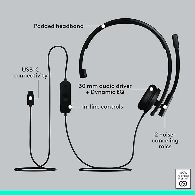 Logitech H570e USB Headset with Microphone for PC and Mac, USB-C Wired Headset with Mono Sound, Noise-Canceling Mics and Inline Controls, Certified for Microsoft Teams, Black