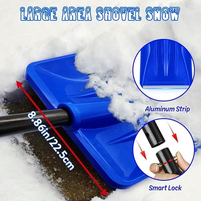Snow Shovel for Car & Driveway, Upgraded 42.5" Lightweight Aluminum Alloy Shovel, Portable Foldable Snow Shovel for Emergency, Garden, Snow Removal, Heavy Duty Ice Shovel with Ergonomic Handle (Blue)