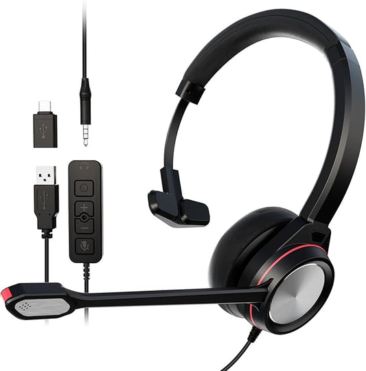 USB Headset with Microphone, Type-c/USB/3.5mm Jack 3-in-1 PC Headset, Wired & Noise Cancelling Headphone with Mic Mute for Call Centers, Teams, Zoom, Home Office, Online Courses