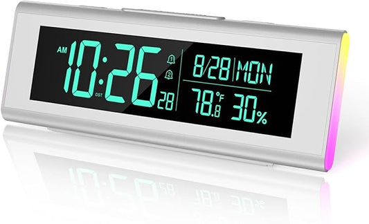 Digital Alarm Clocks for Bedrooms, LED Desk Clock with RGB Night Light, Brightness Dimmer, Date, Week, Temperature Large Display, Modern Decor for Desk, Office, Gift for Kids, Teen, Adults (Silver)
