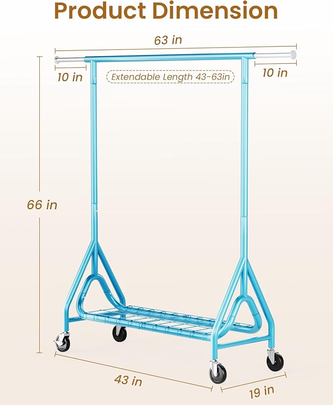 Heavy Duty Clothing Rack, Metal Clothes Rack Load 450 LBS, Rolling Coat Racks for Hanging Clothes with Lockable Wheels, Wardrobe Closet Garment Racks for Bedroom, Sky Blue