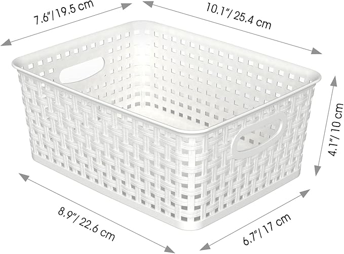 WYT 12-Pack Plastic Small Shelf Storage Weave Baskets for Organizing, White