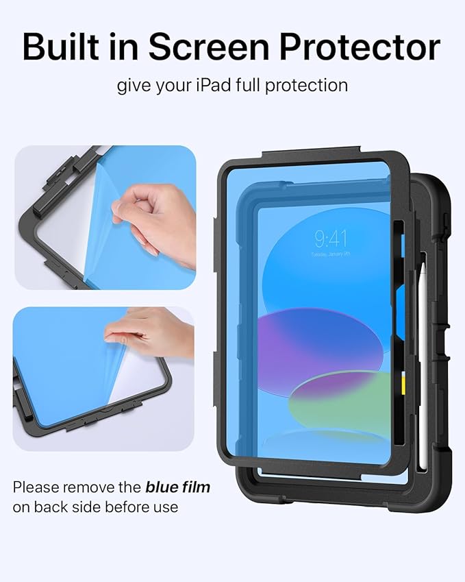for iPad(A16) 11 inch 2025 case/10.9 inch iPad 10th Generation Case, Heavty Duty Shockproof Full Protective Case with Screen Protector and Rotatable Hand Strap, Shoulder Strap (Pure Black)