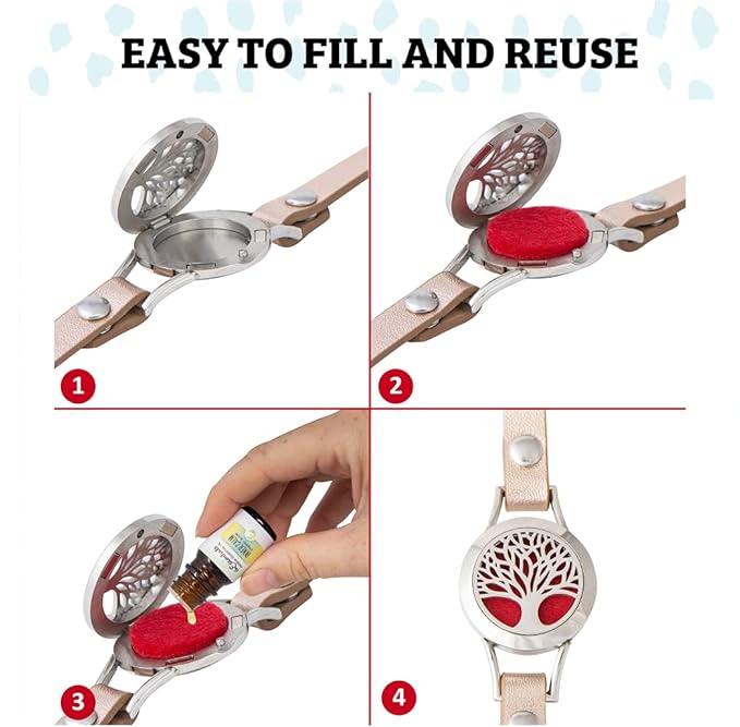 Wild Essentials Rose Gold Tree Essential Oil Bracelet Diffuser, Leather Wrap Band, Stainless Steel Locket Pendant, 12 Color Refill Pads, Customizable Color Changing Perfume Jewelry for Aromatherapy