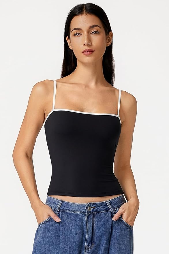 QINSEN Women's Double Lined Basic Tank Top Adjustable Spaghetti Straps Sleeveless Camisole Shirts