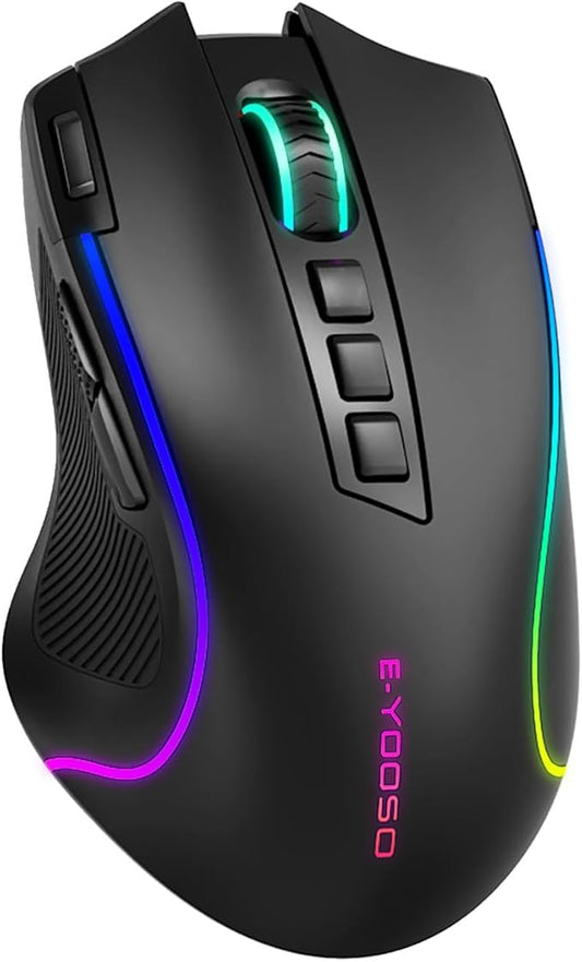 E-YOOSO Gaming Mouse, Tri-Modes Wireless/Bluetooth/Wired Rechargeable RGB Gamer Mouse with 2 Side Buttons, Rapid Fire Key, 8000 DPI, 6 Backlit Modes, 9 Programmable Buttons Macro