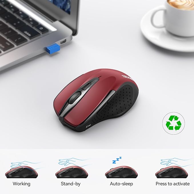 TECKNET Wireless Mouse (2.4G & BT5.0/3.0) Silent 4800 DPI Computer USB A & Bluetooth Mouse 6 Buttons, Wide Compatibility - Red