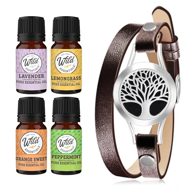 Wild Essentials Tree of Life Essential Oil Leather Wrap Bracelet Diffuser Kit, Gift Set, Lavender, Lemongrass, Peppermint, Orange Oils, 12 Pads, Customizable Color Changing Perfume Jewelry, Brown