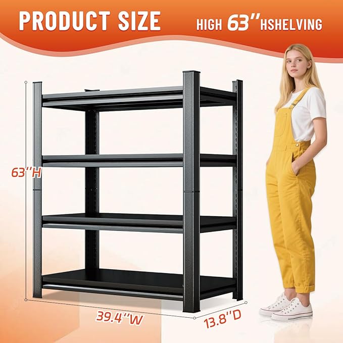 63''H Heavy Duty Metal Shelving Unit, 2500 lbs Total Capacity, Dual-Layer Column, Tool-Free Assembly, All-Steel Construction for Garage, Warehouse, Basement,39.4''W x 13.8''D x 63" H