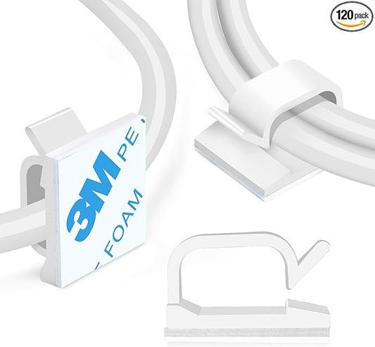120 Pcs XHF Adhesive Cable Wire Clips White, Cable Staples Outdoor Cable Management Wire Organizer Cord Holder for Under Desk, Car, Wall, TV PC Ethernet Cable