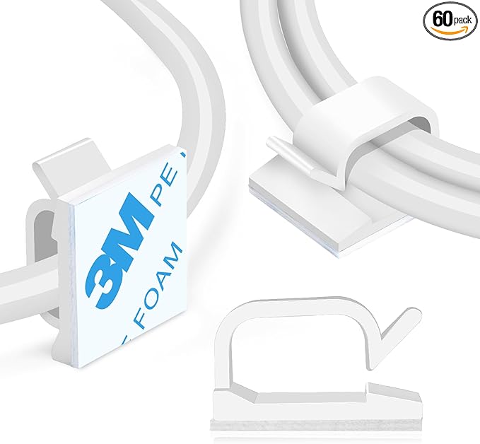 XHF 5/8” Adhesive Cord Clips White 60pcs, Cable Management Staples for Under Desk, Car, Wall, TV, PC, Ethernet