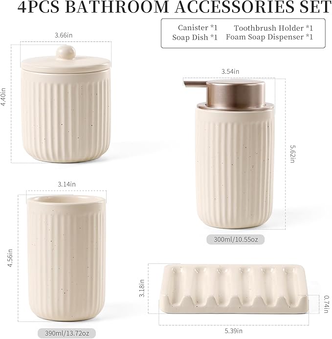 BosilunLife Bathroom Accessories Set - Ceramic Bathroom Set Bathroom Decor Sets Bathroom Counter Foam Soap Dispenser and Toothbrush Holder Set, Soap Dish, Apothecary Jar (Striped Apricot)