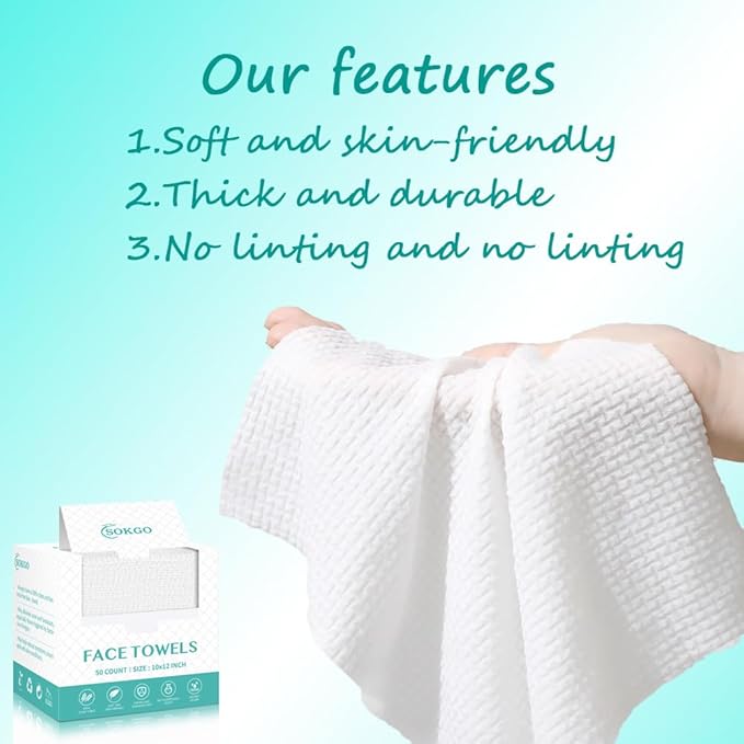 Disposable Face Towels, Facial Cleansing Cloths, Extra Soft Makeup Removing Cleansing 10"×12" Face Towelettes, Skin Care and Makeup Removal, 103% Pure Plant Fiber