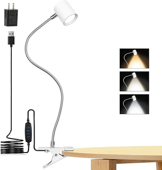 3 Modes & 10 Brightness Clip-on Reading Light - Desk Lamp with Eye Caring 360 Gooseneck Clamp, Memory Function for Bed Headboard