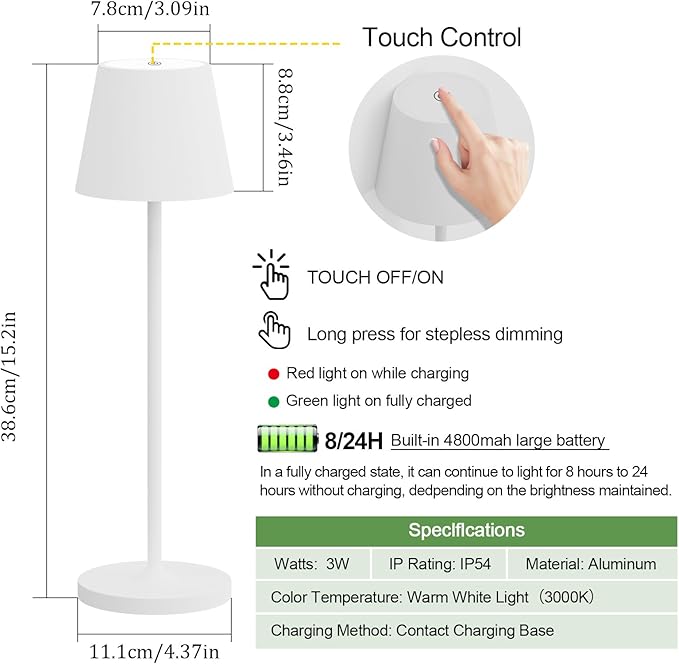Ralaby IP54 Cordless Table Lamps Portable Rechargeable Battery Operated Lamp, Modern Aluminum Dimmable Indoor/Outdoor Cordless Desk Lamp for/Restaurant/Bar/Cafe/Bedroom (2 Pack,White,4800mAh)