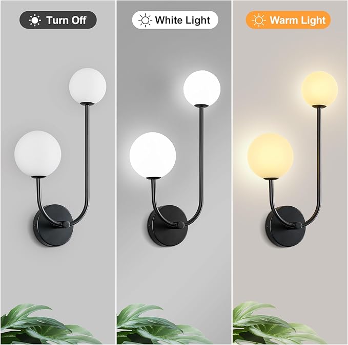 Milk Glass Wall Sconce Black Wall Sconces Set of Two Mid Century Modern Sconces Wall Lighting 2 Light Globe Sconce for Bedroom Living Room Hallway Wall Light Fixtures