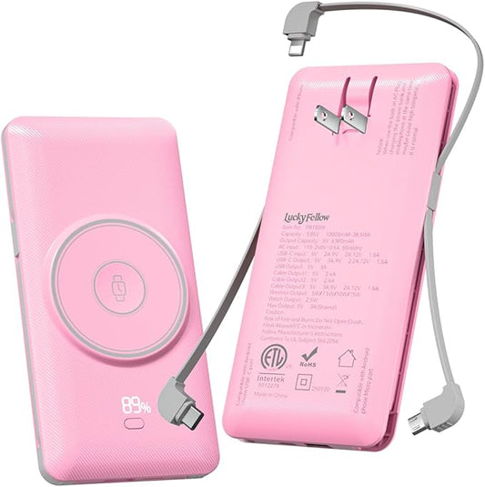 Magnetic 10000mAh Portable Charger for iWatch & iPhone, 22.5W USB C Fast Charging Wireless Power Bank Built-in Cables and Wall Plug, External Travel Battery Pack Compatible with iOS Android Devices