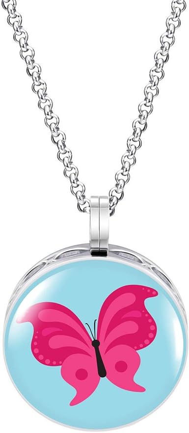 Wild Essentials Pink Butterfly Enamel Finish Essential Oil Diffuser Necklace Gift Set - Includes Aromatherapy Pendant, 24" Stainless Steel Chain, 8 Color Refill Pads