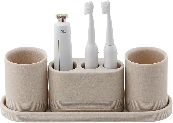 Bathroom Accessories Set, 4 pcs Toothbrush Holders Set Included 3 Slots Electric Toothbrush and Toothpaste Holder Stand, 2 Tumblers & Tray for Bathroom Countertop Sink Modern Decor (Beige)