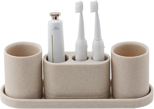 Bathroom Accessories Set, 4 pcs Toothbrush Holders Set Included 3 Slots Electric Toothbrush and Toothpaste Holder Stand, 2 Tumblers & Tray for Bathroom Countertop Sink Modern Decor (Beige)