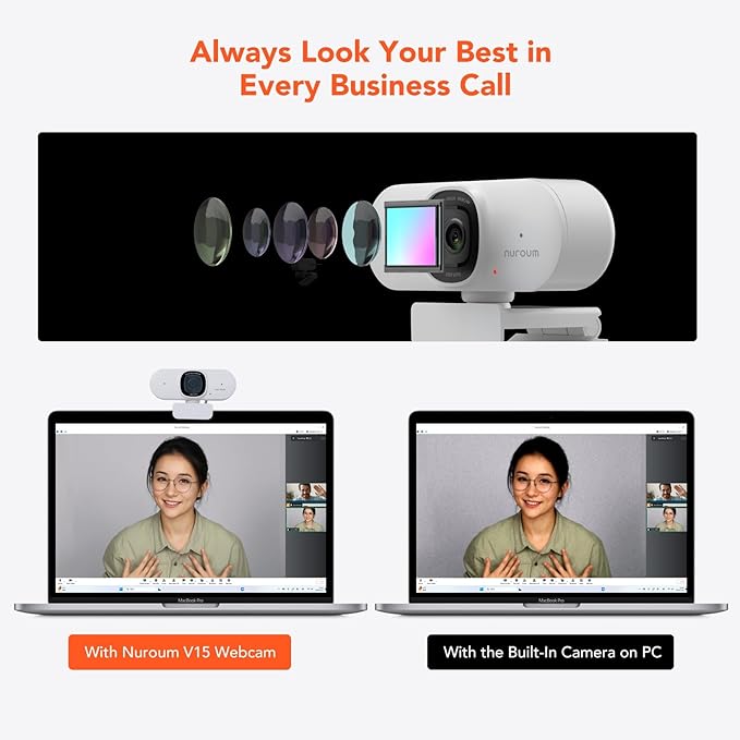 NUROUM V15AF 2K Webcam for PC, 1080p 60FPS AutoFocus Web Camera with Microphone, Privacy Cover and Mute, 75°FOV Dual Microphone USB FHD Computer Camera, Plug and Play for Zoom/Skype/Teams, White