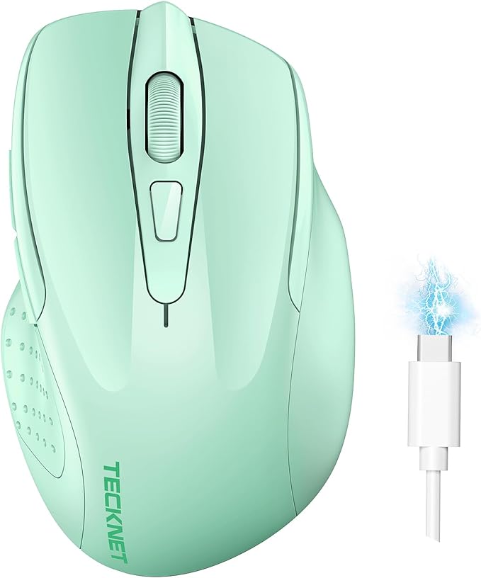 TECKNET Wireless Mouse (BT5.0/3.0 & 2.4G) Rechargeable 4800 DPI Silent USB A & Bluetooth Mouse 6 Buttons, Wide Compatibility - Green