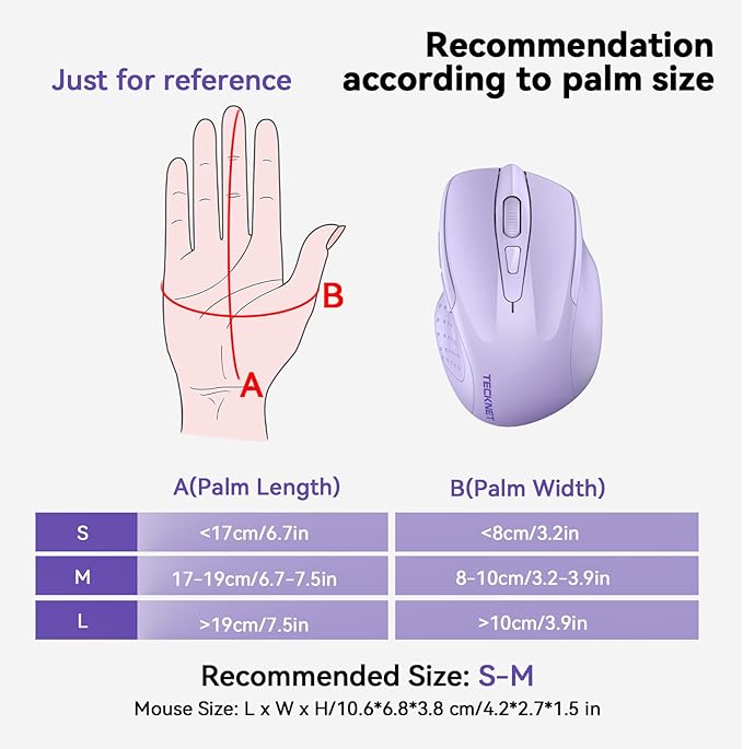 TECKNET Wireless Mouse (2.4G & BT5.0/3.0) Silent 4800 DPI Computer USB A & Bluetooth Mouse 6 Buttons, Wide Compatibility - Lavender