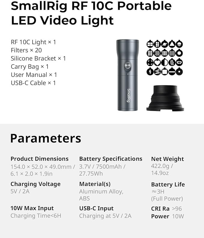 SMALLRIG RGB LED Photography Flashlight, 7500mAh Aluminum Alloy Patterned Ambient Light, 4 Color Fill Light with 20 Patterned Light Filters, Perfect for Photo, Content Creation Accessories RF10C 4634