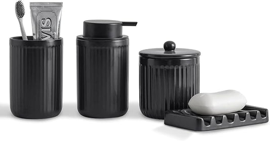 Ceramic Bathroom Accessories Set,Lotion Soap Dispenser and Toothbrush Holder Set, Soap Dish, Apothecary Jars,Rustic Farmhouse Decor, Bathroom Home Decor (Black Set, Liquid)