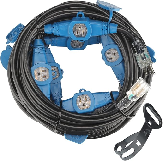 50 Feet Multi Outlet Extension Cord 14 Gauge,7 Nema 5-15R Evenly Spaced Outlets with Blue Indicators,Male Plug to Female Connector,Erboelec,ETL Listed