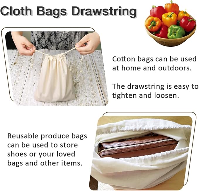6PC Canvas Drawstring Bags, 3 Size (M, L, XL) Cotton Bag Easy to Use, Reusable Produce Bags for Vegetables, Fruits and Bread