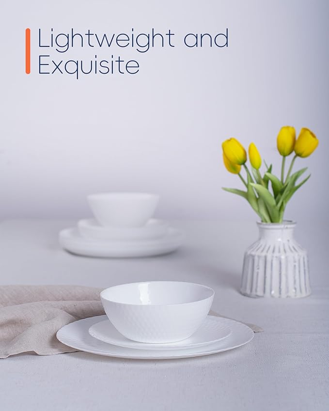 Dinnerware Sets for 4, Light & Durable 12 Pieces Opal Glass Plates and Bowls Set, Dishwasher and Microwave Safe Ribbed Dish Dinning Ware, Thin but Strong Geometric Faceted White
