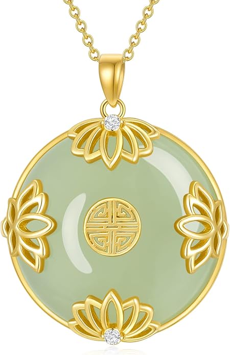 Jade Lotus Necklace for Women 14k Gold Plated Sterling Silver Good Fortune Jade Jewelry Birthday Christmas Gifts for Women Mom Wife
