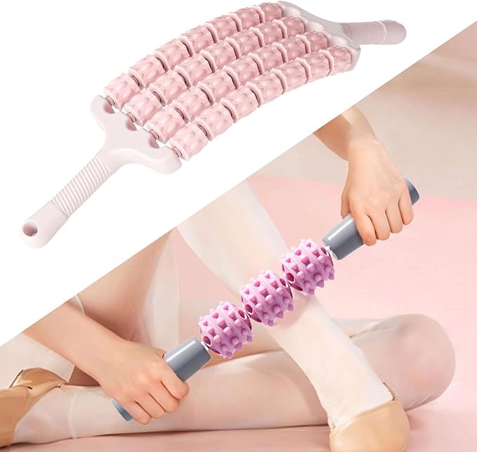 Massage Roller Sticks Handheld Ergonomic Grip Multipurpose Massage Tool Muscle Relaxation for Workout Home Use, Pink