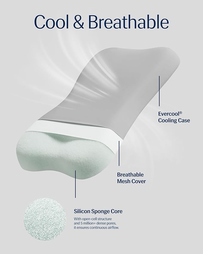 REST® Evercool® Cooling Pillow, Instant Cool-to-Touch Shell Fabric & Breathable Silicone Sponge Core for All-Night Temperature Regulation & Ergonomic Support, Low Height, Light Gray